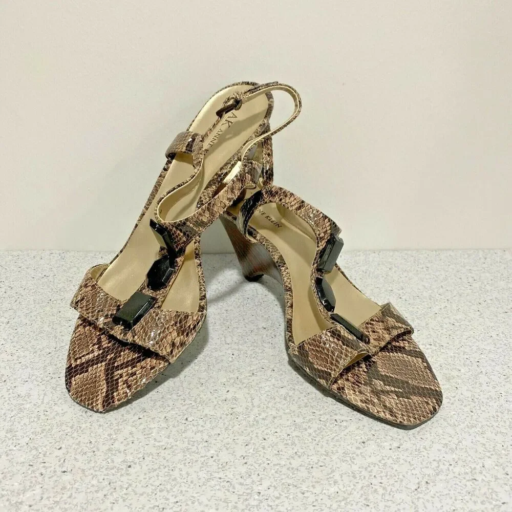 Anne Klein 9M wedge heel shoes black & tan snakeskin sandals beaded leather